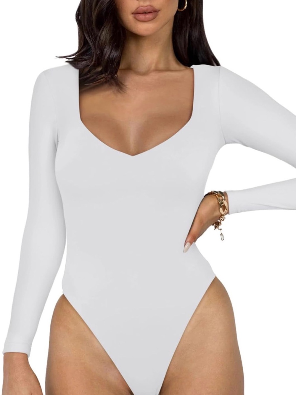 Double-lined Long Sleeve Square Neck Light Compression Bodysuit Top in White